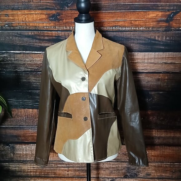 RAVE Vintage Jacket M Patchwork Vegan Faux Leather Lined Button Front - Picture 2 of 13